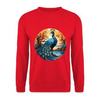 Bunte Aquarell-Tierillustration des Pfaus - Unisex Pullover - Rot - Vorne - Alina (178cm) & Michal (187cm)