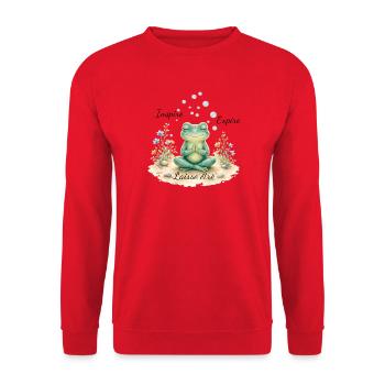 Meditativer Zen-Frosch - Unisex Pullover - Rot - Vorne - Alina (178cm) & Michal (187cm)
