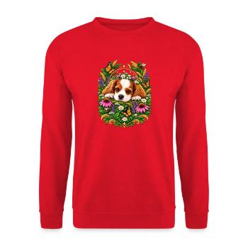 Kuschelhund im Blumenkranz - Unisex Pullover - Rot - Vorne - Alina (178cm) & Michal (187cm)