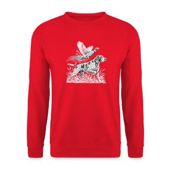 Dalmatiner mit Vogel im Engraving-Stil - Unisex Pullover - Rot - Vorne - Alina (178cm) & Michal (187cm)