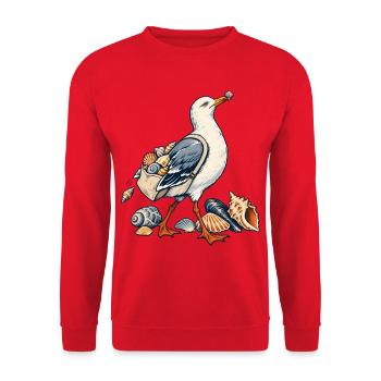 Möwe beim Muschelsammeln am Meer - Unisex Pullover - Rot - Vorne - Alina (178cm) & Michal (187cm)