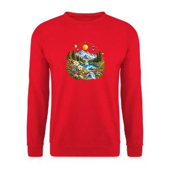 Kosmischer Blumenzauber im Bergtal - Unisex Pullover - Rot - Vorne - Alina (178cm) & Michal (187cm)