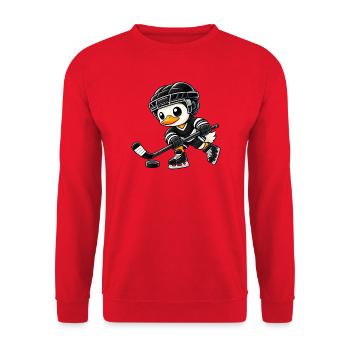 Coole Eishockey Ente Cartoon Spieler - Unisex Pullover - Rot - Vorne - Alina (178cm) & Michal (187cm)