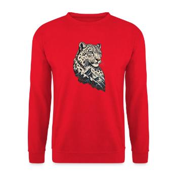 Leopardenkopf vor Berglandschaft - Unisex Pullover - Rot - Vorne - Alina (178cm) & Michal (187cm)