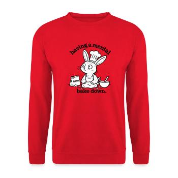 Mental Bake Down – Hase beim Backen - Unisex Pullover - Rot - Vorne - Alina (178cm) & Michal (187cm)