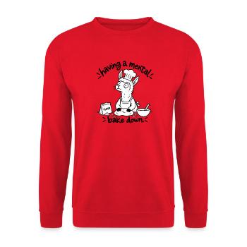 Mental Bake Down – Lama beim Backen - Unisex Pullover - Rot - Vorne - Alina (178cm) & Michal (187cm)