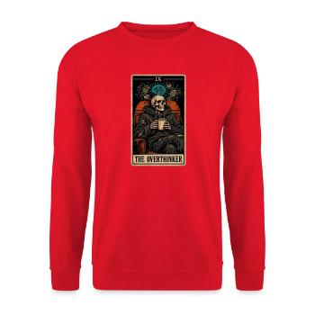 The Overthinker Tarotkarte lustiges Skelett Retro - Unisex Pullover - Rot - Vorne - Alina (178cm) & Michal (187cm)