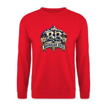 Cooles bayerisches Motiv -Bayerische Bazi Berglogo - Unisex Pullover - Rot - Vorne - Alina (178cm) & Michal (187cm)