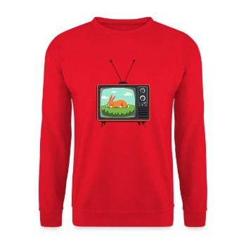 Retro Fernseher mit schlafendem Hasen - Unisex Pullover - Rot - Vorne - Alina (178cm) & Michal (187cm)