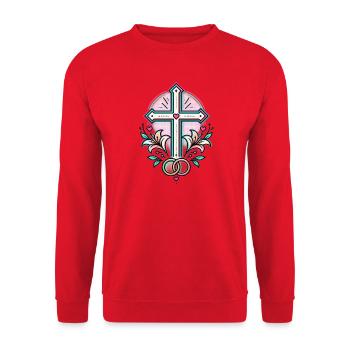HerzKreuz Tattoo mit Blüten und Ringen - Unisex Pullover - Rot - Vorne - Alina (178cm) & Michal (187cm)