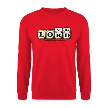 Love the Lord – Christliches Retro Glaubensmotiv - Unisex Pullover - Rot - Vorne - Alina (178cm) & Michal (187cm)