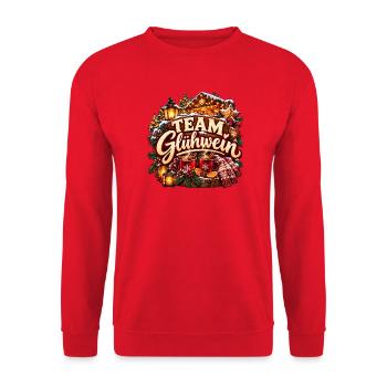 Team Glühwein - Gruppen Motiv für Weihnachtsmarkt - Unisex Pullover - Rot - Vorne - Alina (178cm) & Michal (187cm)