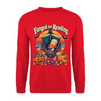 Halloween-Fledermaus Fanged For Reading Retro - Unisex Pullover - Rot - Vorne - Alina (178cm) & Michal (187cm)