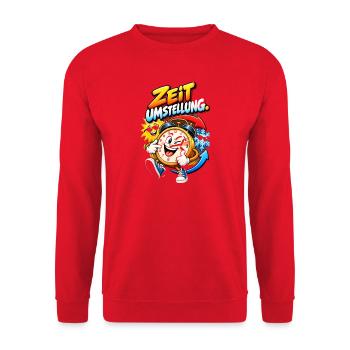 Zeitumstellung Cartoon Uhr Motiv - Unisex Pullover - Rot - Vorne - Alina (178cm) & Michal (187cm)