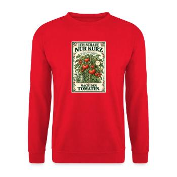 Nur kurz nach den Tomaten – Vintage-Gartenmotiv - Unisex Pullover - Rot - Vorne - Alina (178cm) & Michal (187cm)
