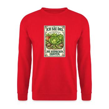 Ich säe, die Schnecken ernten – Vintage-Garten - Unisex Pullover - Rot - Vorne - Alina (178cm) & Michal (187cm)