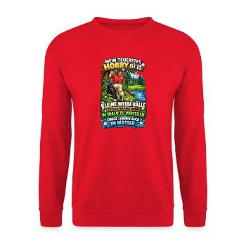 Golf im Wald: Bälle, See, Lachen - Unisex Pullover - Rot - Vorne - Alina (178cm) & Michal (187cm)