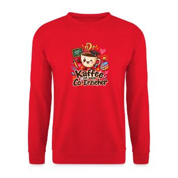 Kaffee als Co-Erzieher bunt - Unisex Pullover - Rot - Vorne - Alina (178cm) & Michal (187cm)