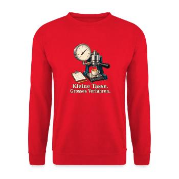 Kleine Tasse. Grosses Verfahren. – Espresso-Prüfst - Unisex Pullover - Rot - Vorne - Alina (178cm) & Michal (187cm)