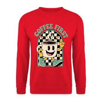 Kaffeetasse im Retrolook – Coffee First - Unisex Pullover - Rot - Vorne - Alina (178cm) & Michal (187cm)