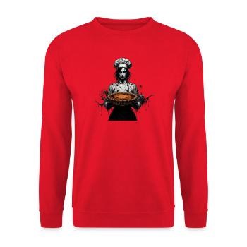Gruselige Köchin mit Kürbiskuchen - Unisex Pullover - Rot - Vorne - Alina (178cm) & Michal (187cm)