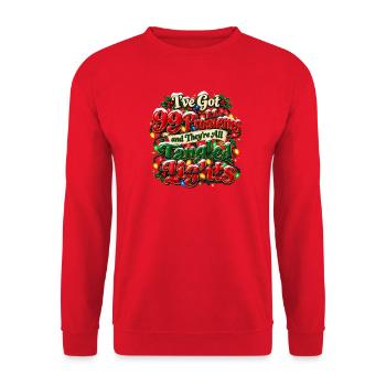 Wortspiel mit verfilzten Weihnachtslichtern - Unisex Pullover - Rot - Vorne - Alina (178cm) & Michal (187cm)
