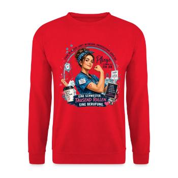 SchwesterPower: Tausend Rollen Berufung - Unisex Pullover - Rot - Vorne - Alina (178cm) & Michal (187cm)