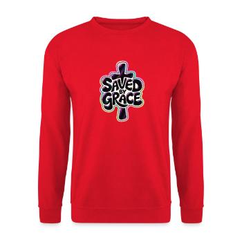 Saved by Grace – Christlicher Glaube Kreuz - Unisex Pullover - Rot - Vorne - Alina (178cm) & Michal (187cm)