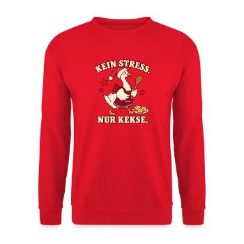 Kein Stress. Nur Kekse. – Weihnachtsgans - Unisex Pullover - Rot - Vorne - Alina (178cm) & Michal (187cm)