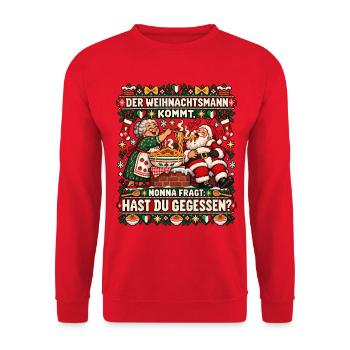Nonna fragt den Weihnachtsmann: Hast du gegessen? - Unisex Pullover - Rot - Vorne - Alina (178cm) & Michal (187cm)