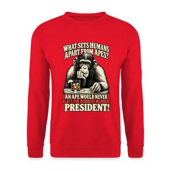 Affe gegen Präsident Satire Tee - Unisex Pullover - Rot - Vorne - Alina (178cm) & Michal (187cm)
