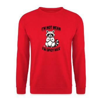 Gemütlicher Waschbär mit gefalteten Händen Würziges Spruch-Meme - Unisex Pullover - Rot - Vorne - Alina (178cm) & Michal (187cm)