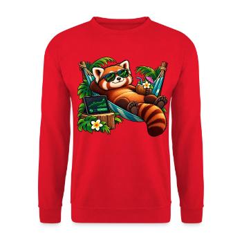 Roter Panda im Urlaub – Aktien und Entspannung - Unisex Pullover - Rot - Vorne - Alina (178cm) & Michal (187cm)