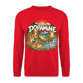 Dopamin – Corgi Hunde beim Entspannen in Natur - Unisex Pullover - Rot - Vorne - Alina (178cm) & Michal (187cm)