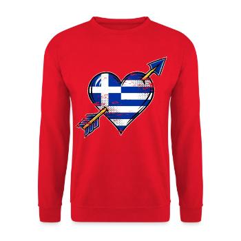 Griechenland Flagge Herz mit Pfeil used look - Unisex Pullover - Rot - Vorne - Alina (178cm) & Michal (187cm)