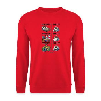 Schlafen-_Kaffee-_Arbeiten-_Kaffee-_Freizeit-_K - Unisex Pullover - Rot - Vorne - Alina (178cm) & Michal (187cm)