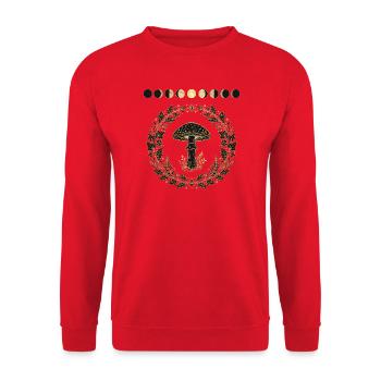 Pilz im Blätterkranz mit Mondphasen - Unisex Pullover - Rot - Vorne - Alina (178cm) & Michal (187cm)
