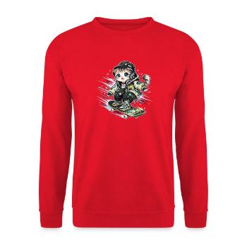 Neon-Skater-Katze in Streetwear - Unisex Pullover - Rot - Vorne - Alina (178cm) & Michal (187cm)