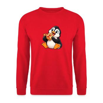 Cooler Pinguin mit Pizza Cartoon - Unisex Pullover - Rot - Vorne - Alina (178cm) & Michal (187cm)