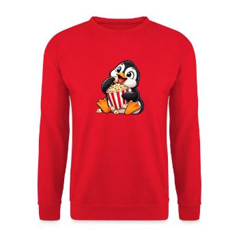 Süßer Pinguin mit Popcorn im Kino - Unisex Pullover - Rot - Vorne - Alina (178cm) & Michal (187cm)