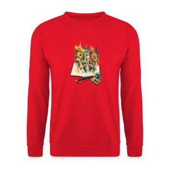 Stadtskizzen im offenen Skizzenbuch - Unisex Pullover - Rot - Vorne - Alina (178cm) & Michal (187cm)