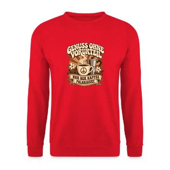 Genuss ohne Vorurteil – Kaffee Statement - Unisex Pullover - Rot - Vorne - Alina (178cm) & Michal (187cm)