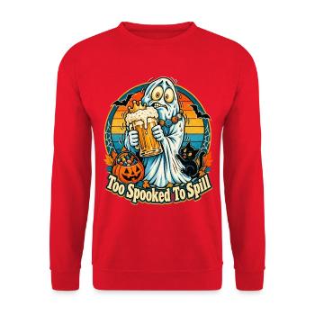 Halloween Geist Too Spooked To Spill Retro-Sonne - Unisex Pullover - Rot - Vorne - Alina (178cm) & Michal (187cm)