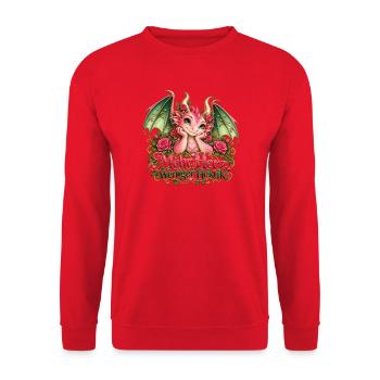 Mehr Herz, weniger Hektik – Drache mit Rosen - Unisex Pullover - Rot - Vorne - Alina (178cm) & Michal (187cm)