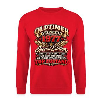 Oldtimer Baujahr 1977 – Special Edition - Unisex Pullover - Rot - Vorne - Alina (178cm) & Michal (187cm)