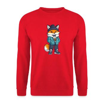 Fuchs mit Winterjacke und Mütze - Unisex Pullover - Rot - Vorne - Alina (178cm) & Michal (187cm)