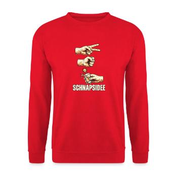 Schere Stein Schnapsidee - Unisex Pullover - Rot - Vorne - Alina (178cm) & Michal (187cm)
