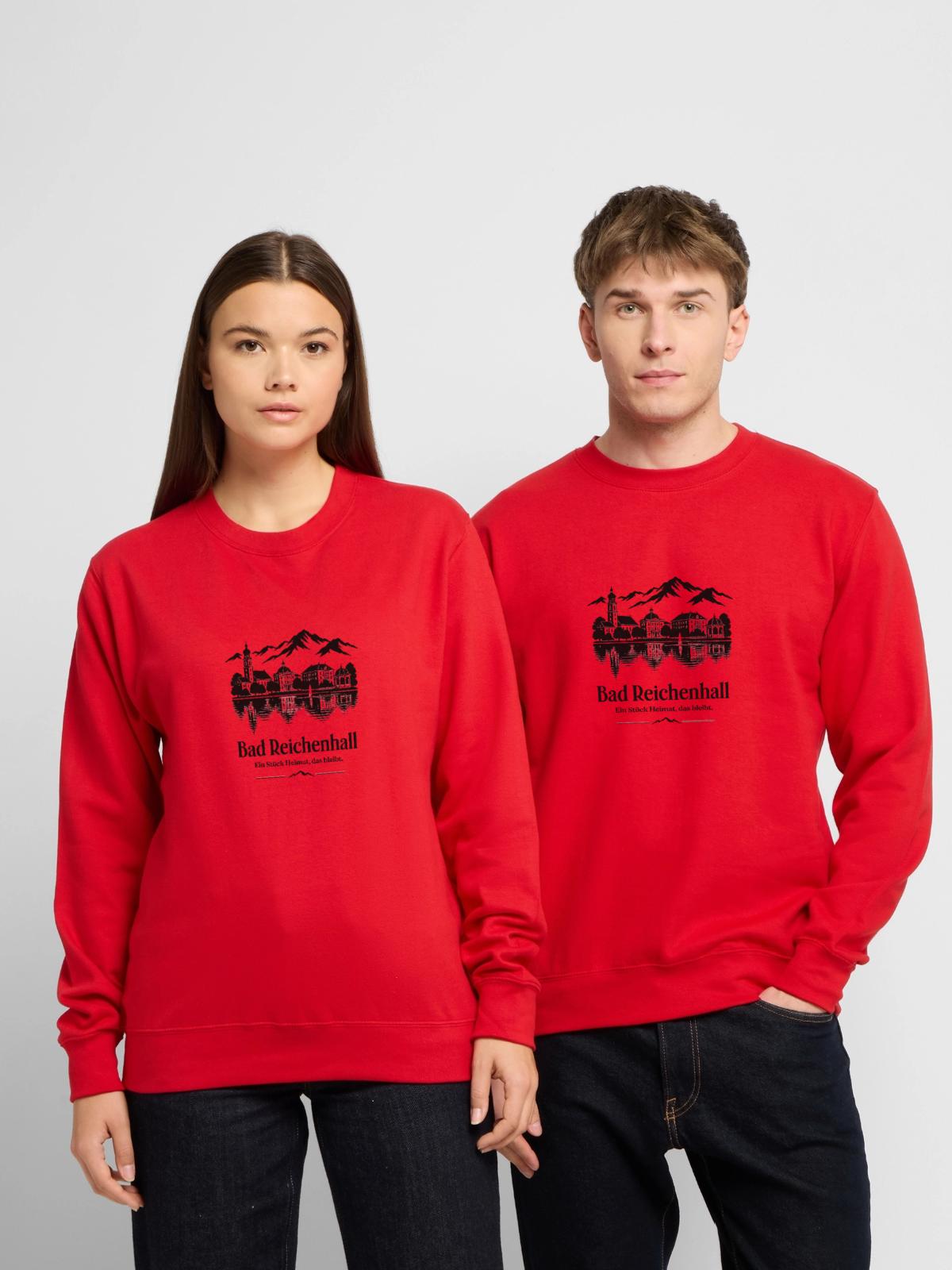Bad Reichenhall Alpensee Panorama - Unisex Pullover - Rot - Vorne - Alina (178cm) & Michal (187cm)