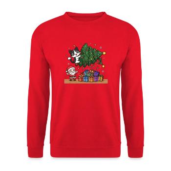 Katze schiebt Weihnachtsbaum - Unisex Pullover - Rot - Vorne - Alina (178cm) & Michal (187cm)