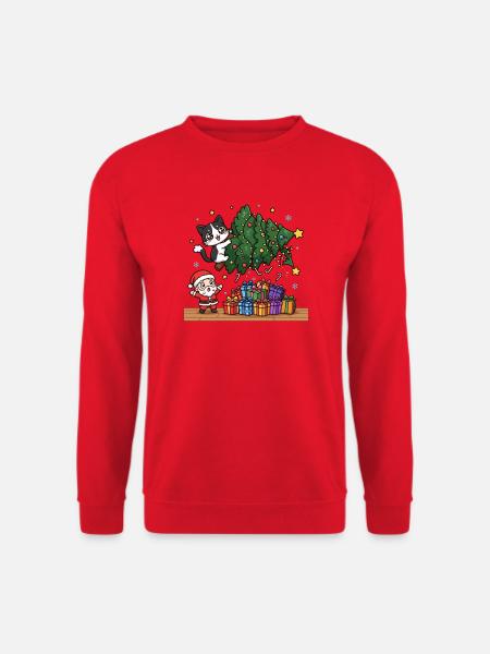 Katze schiebt Weihnachtsbaum - Unisex Pullover - Rot